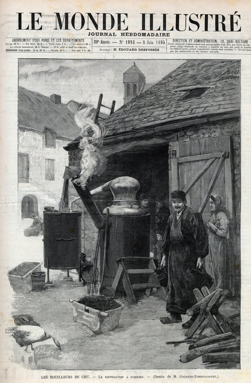 Les bouilleurs de cru - la distillation à domicilio em Paris em 1895 - gravura em "Le Monde Illustré" n°1993 de 1895 de Unknown artist