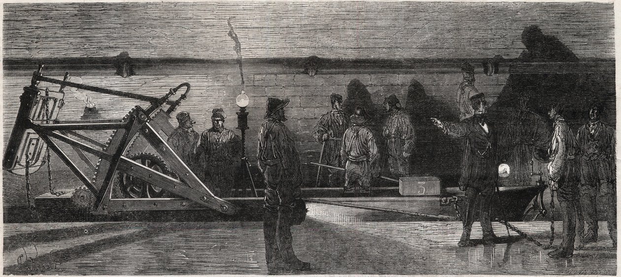 Les egouts de Paris: um "barco de descarga" utilizado para a limpeza do esgoto colector - Gravura do "Le Monde Illustré". de Unknown artist