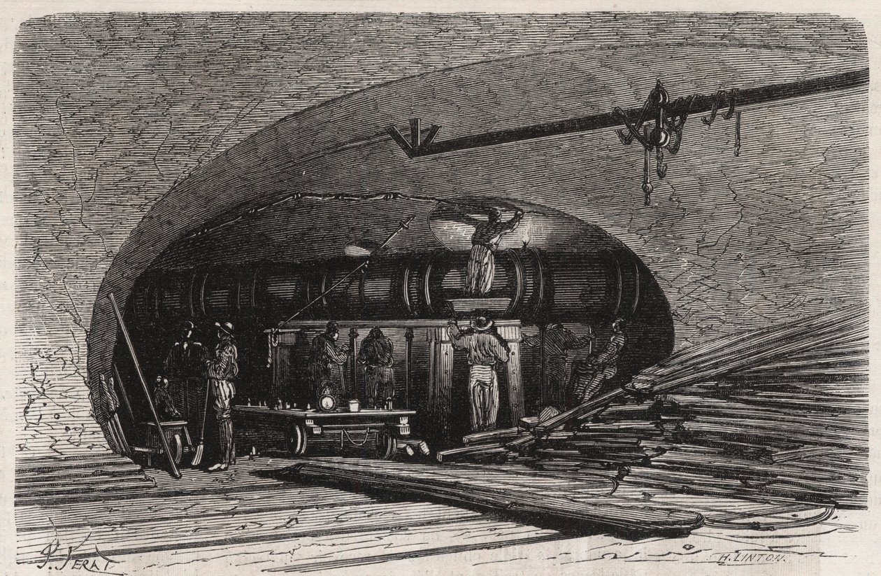 Les egouts de Paris: curva do tubo perto da ponte Saint Michel (Saint-Michel), place du Chatelet - Gravação no "Le Monde Illustré". de Unknown artist