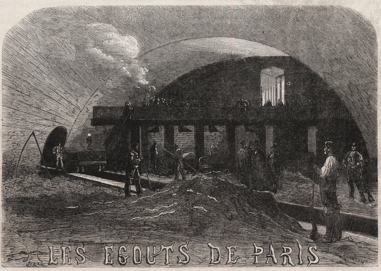Os esgotos de Paris: a grande câmara e as oficinas de forja da ponte Notre Dame (Notre-Dame) - Gravação no "Le Monde Illustré". de Unknown artist