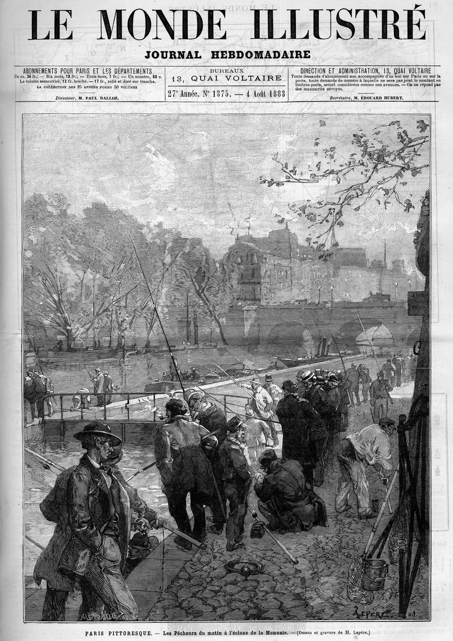 Os pescadores da manhã na eclusa da Monnaie em Paris. Gravação em "Le Monde Illustre". de Unknown artist