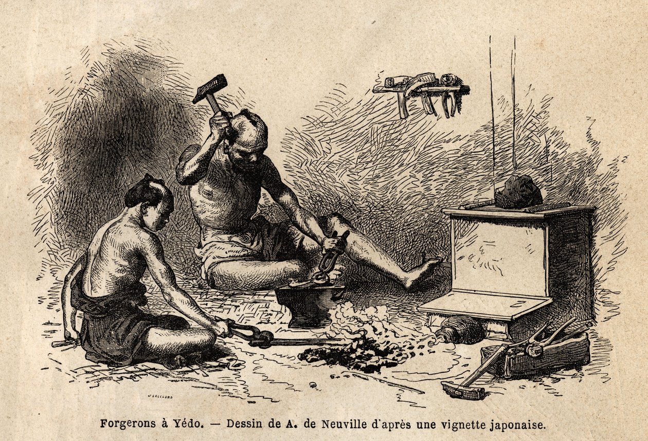 Vamos ferreiros em frente à sua forja em Yedo (ou Edo, capital imperial, actual Tóquio). Gravura para ilustrar a viagem ao Japão, em 1863-1864, de Aime Humbert, ministro da Confederação Suíça, em "Le tour du monde, nouveau journal des vo de Unknown artist