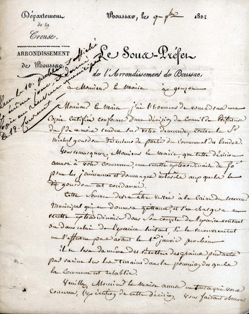 Carta do subprefeito do Creuse (arrondissement de Boussac) ao prefeito de Gouzon, 9 de setembro de 1822 de Unknown artist