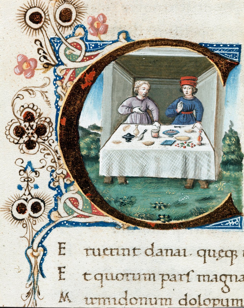 Decoração em papel timbrado C de um casal à mesa. Miniatura tirada de "The bucoliques" (Eglogues) de Virgílio (Publius Vergilius Maro) (70-19 AC) (ms.IV E.12) - Nápoles do século XV, Biblioteca Nazionale de Unknown artist