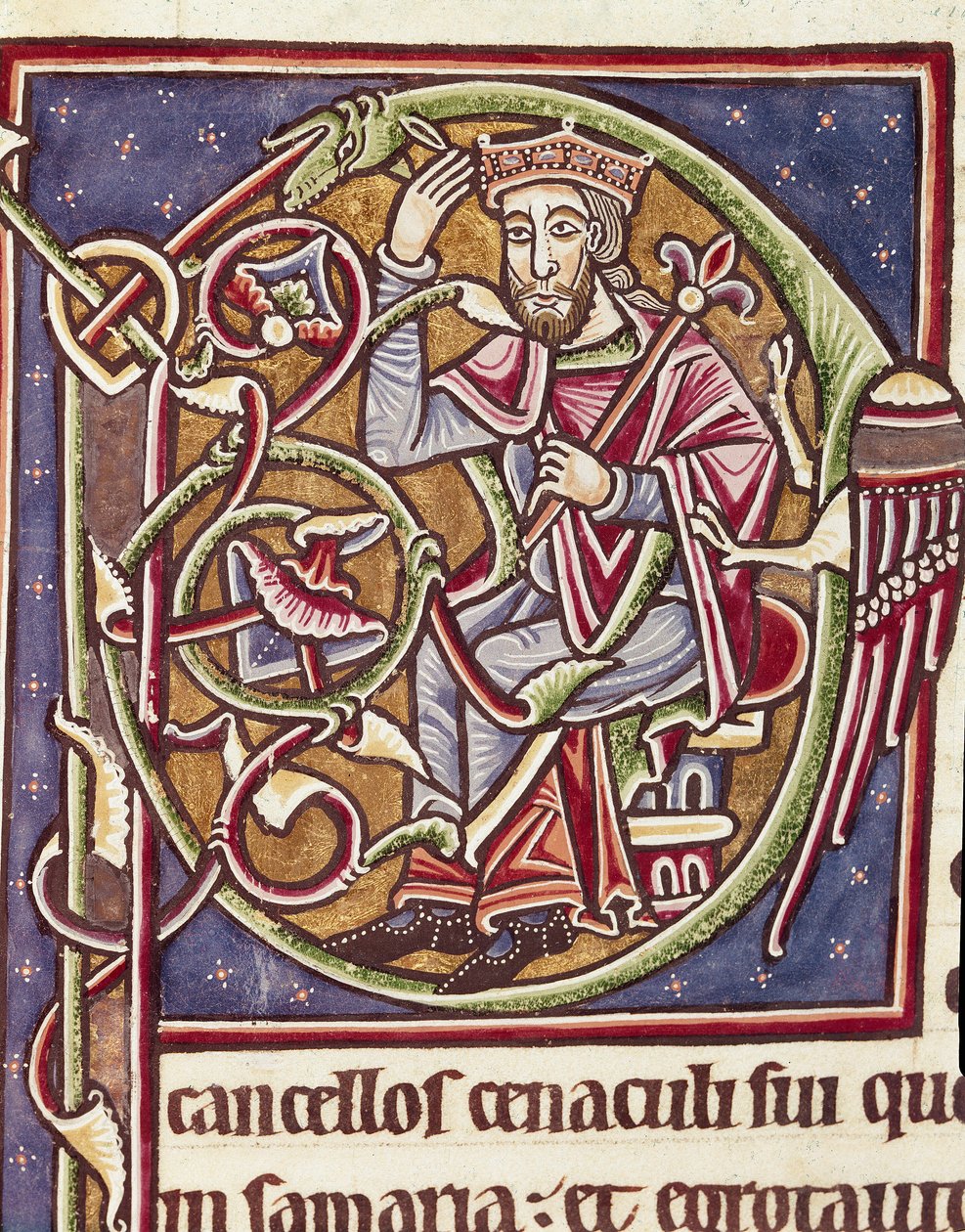 Lettrina P decoração da representação do rei da terra de Moab Miniatura de uma Bíblia (Ms 3088) Século XII Coimbra, biblioteca da Universidade de Unknown artist