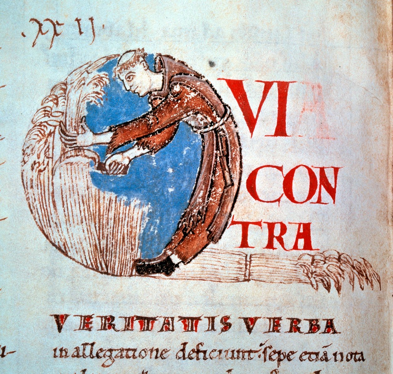 Lettrine "Q" representando um monge a cortar o joio. Miniatura retirada de "Moralia in Job" por Gregoire I said the Great or Dialogue (532-604) de Unknown artist