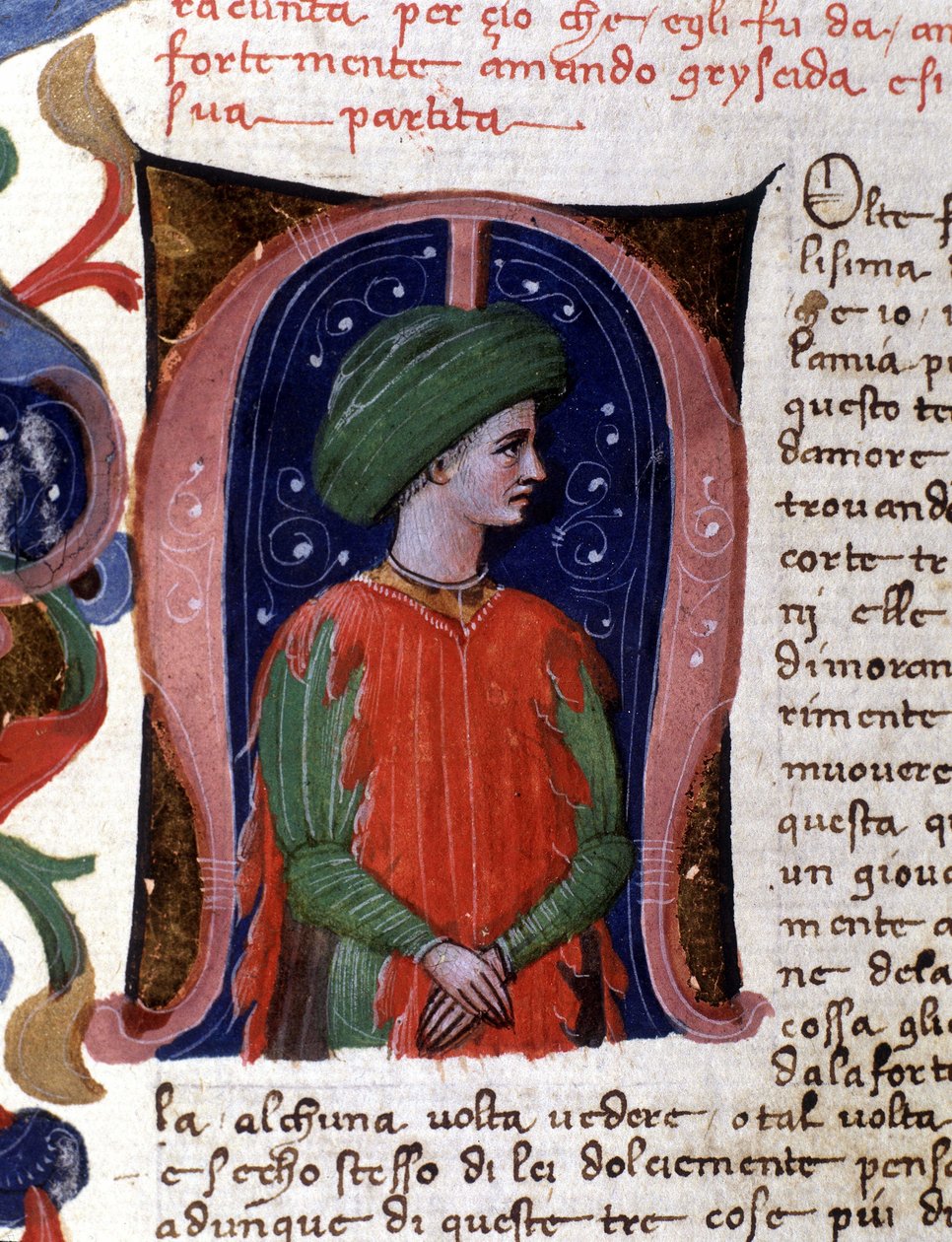 Lettrine "m" e miniatura retratando o sofista, Philostrate. Manuscrito de Boccacio (Boccace) de Unknown artist