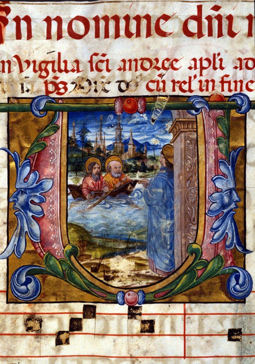 Lettrina de um coro do século XV. A aparição de Cristo após a sua ressurreição a incrédulos pedidos de desculpas no Lago Tiberíades. Biblioteca nazionale Braidense, Milão. de Unknown artist
