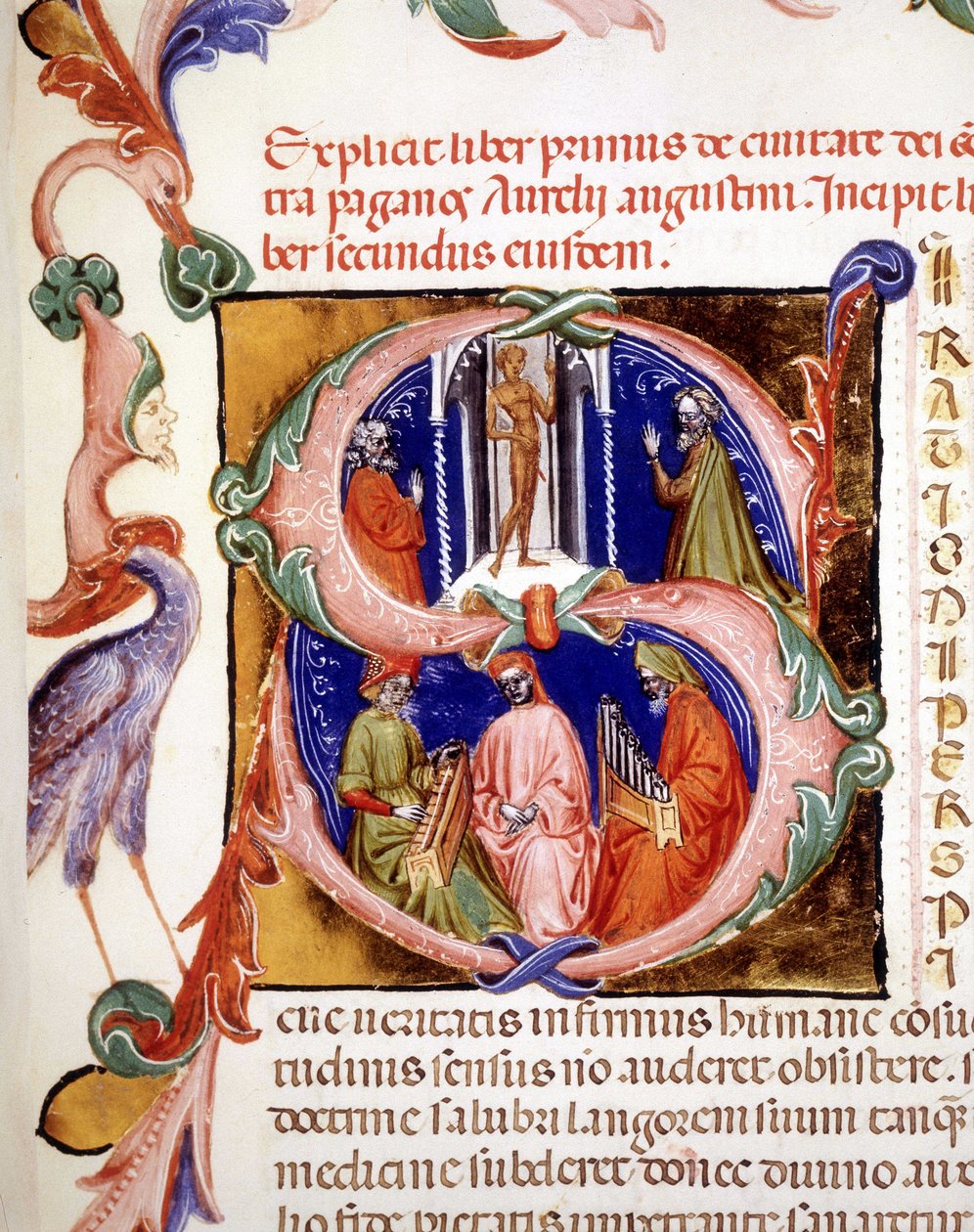 Lettrina de "s" com miniaturas retratando pagãos venerando seu ídolo, abaixo de dois músicos e um cantor - em "De civitate dei" de Santo Agostinho, início do século XV. Bíblia Municipal de Rimini. de Unknown artist