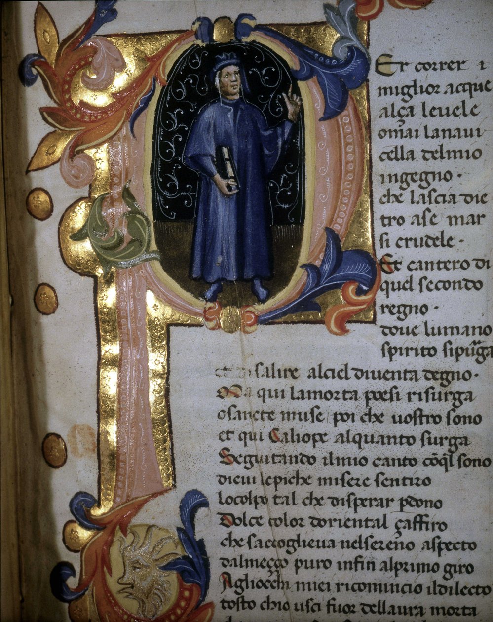 Lettrina "p" de um manuscrito da "Divina Comédia". Incipito de "Purgatório". Iluminação retratando Dante Alighieri. Século XIV. Braidense. de Unknown artist