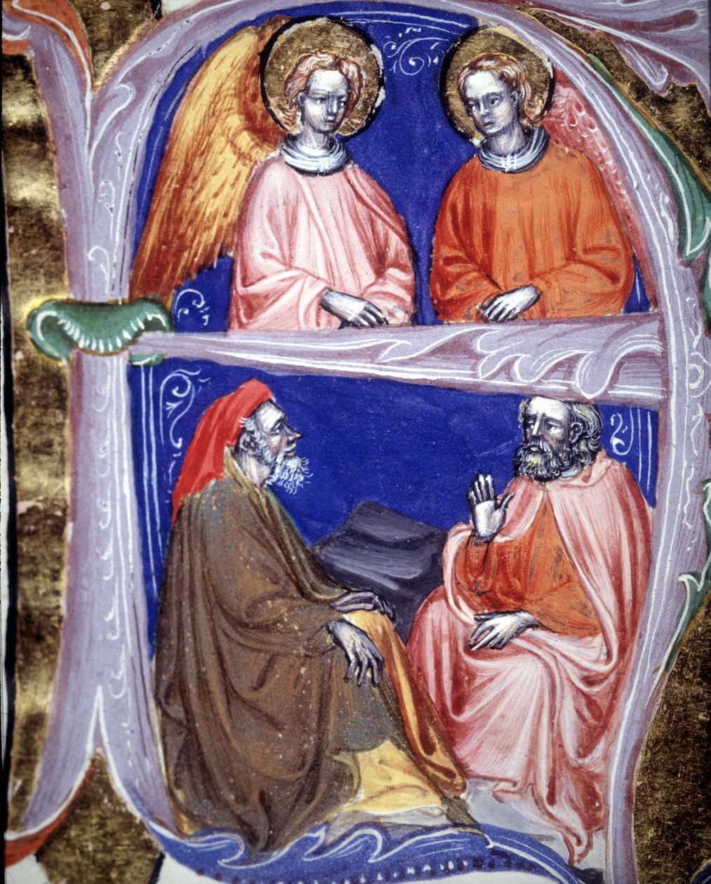 Lettrina representando anjos e filósofos que discutem - em De civitate dei de St Augustine. Manuscrito do século XIV. Bíblia Municipal de Rimini. de Unknown artist
