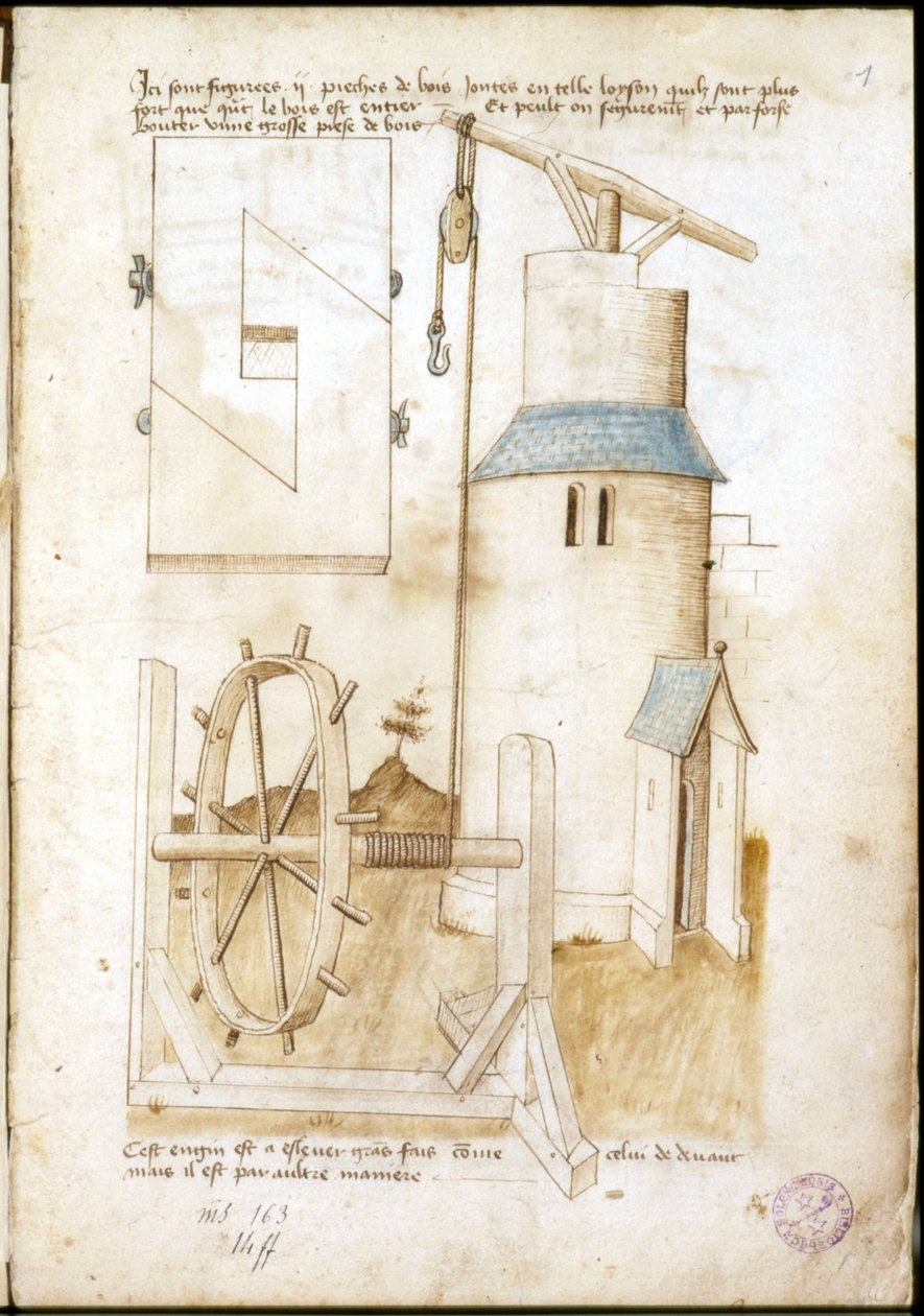 Sistema de alavanca com polia para estaleiro - Manuscrito: folha de pergaminho de um manual de engenheiro para a construção de edifícios civis, religiosos e militares, anónimo, final do século XV (figura em tinta chinesa) de Unknown artist