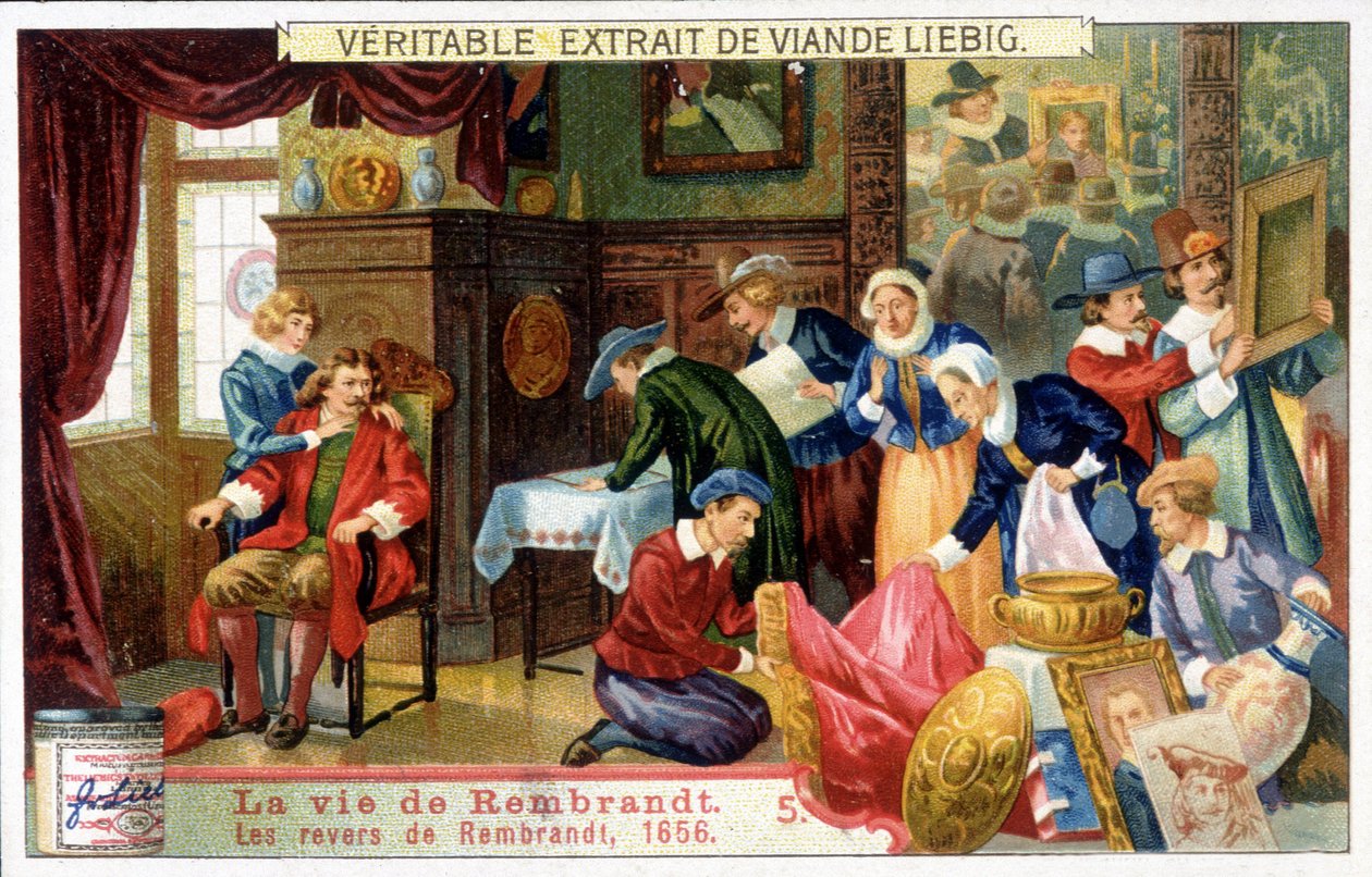 Cromolitografia de Liebig sobre a vida de Rembrandt (1606 - 1669), pintor holandês. Estes são os contratempos de Rembrandt em 1656. de Unknown artist