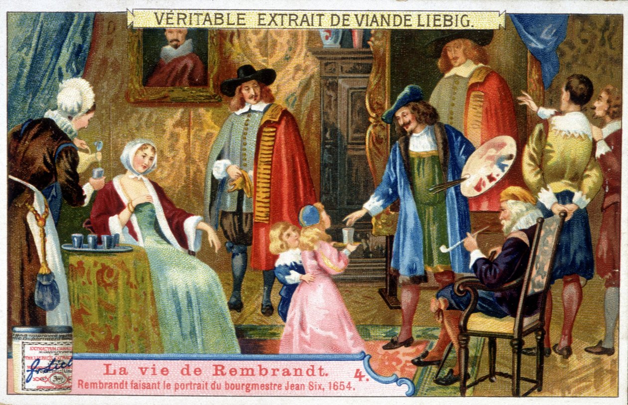 Liebig chromolithography on the life of Rembrandt (1606 - 1669) Pintor holandês, aqui retratando o prefeito Jean Six em 1654. de Unknown artist