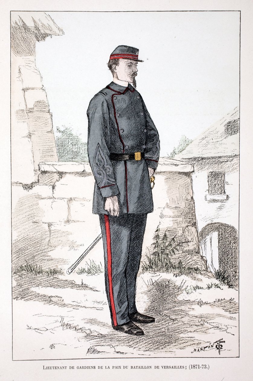 Tenente dos Guardiões da Paz do Batalhão de Versalhes (1871-1873). Gravura colorida, para ilustração do livro "Histoire du corps des gardiens de la paix" publicado sob os auspícios de Louis Lepine (1846-1933) prefet de police de la Seine, de A de Unknown artist
