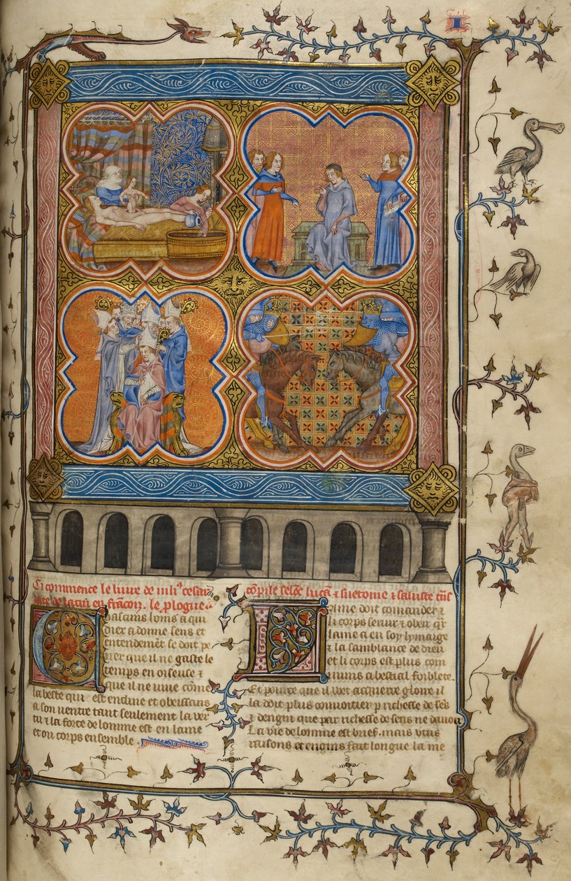 A vida de Júlio César: quatro miniaturas mostrando o seu nascimento, divórcio, pontificado e luta com Pompeu; texto com iniciais decoradas e borda com pássaros e grotescos. de Unknown artist