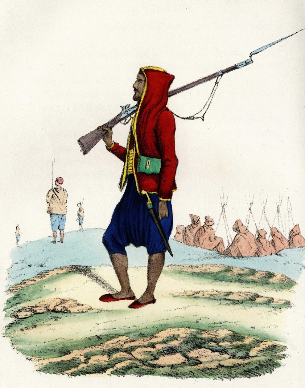Infantaria ligeira do Emir Abd-el-Kader, resistência do exército francês de África durante a expedição a Argel em 1830. In" Storia d