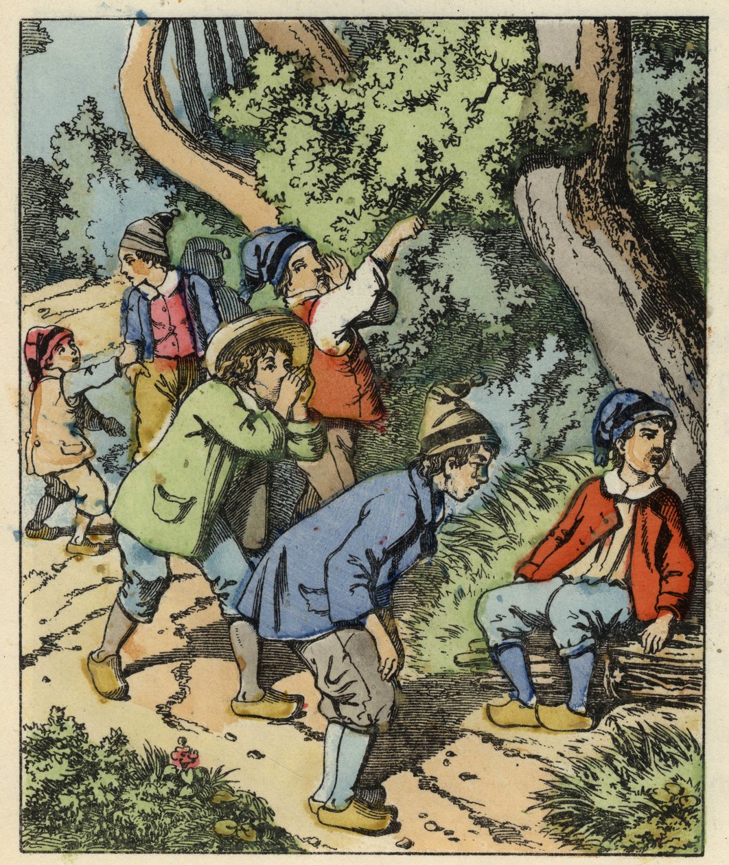 O pequeno Poucet e seus irmãos perdidos na floresta, abandonados pelos pais. Ilustração do conto "Le Pepetit Poucet", de Charles Perrault de Unknown artist