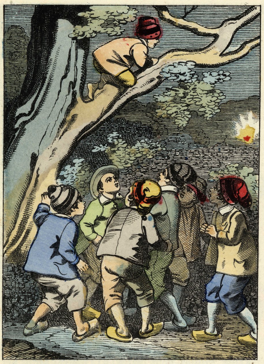 O pequeno Poucet sobe a uma árvore e procura o seu caminho. Ele está pegando uma luz na floresta. Ilustração do conto de Charles Perrault, "Le Pepetit Poucet". de Unknown artist