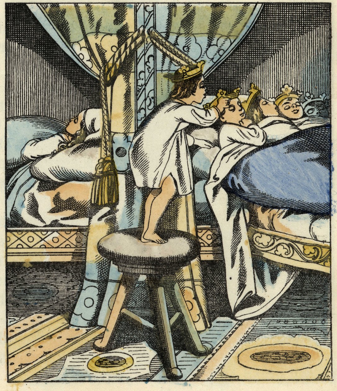 O pequeno Poucet coloca as coroas das sete filhas do ogre na cabeça dos seus irmãos. Ilustração do conto "Le Petite Poucet" de Charles Perrault de Unknown artist