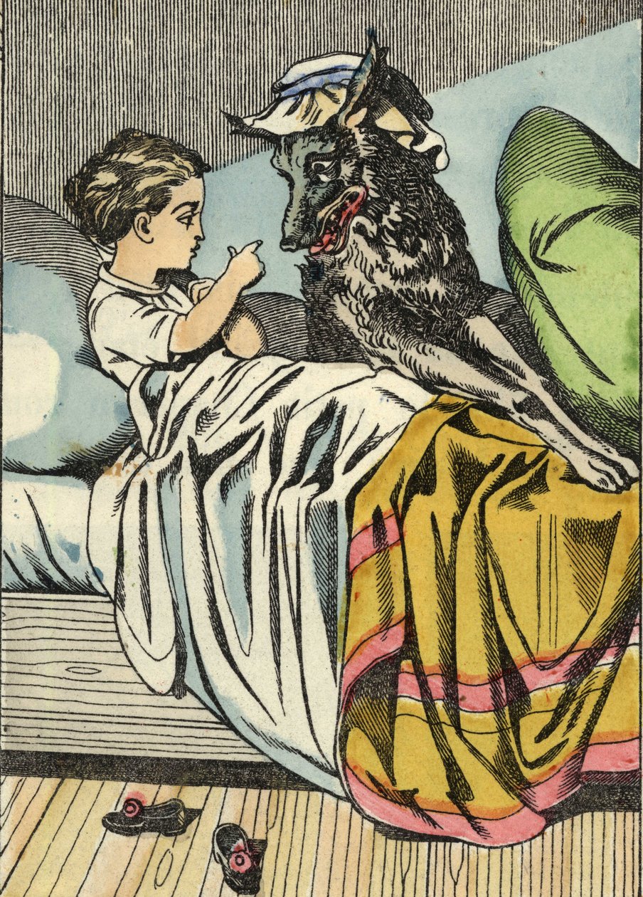 O Capuchinho Vermelho pergunta ao Lobo: "Avó como tens dentes grandes." Ilustração do conto "O Capuchinho Vermelho", de Charles Perrault. de Unknown artist