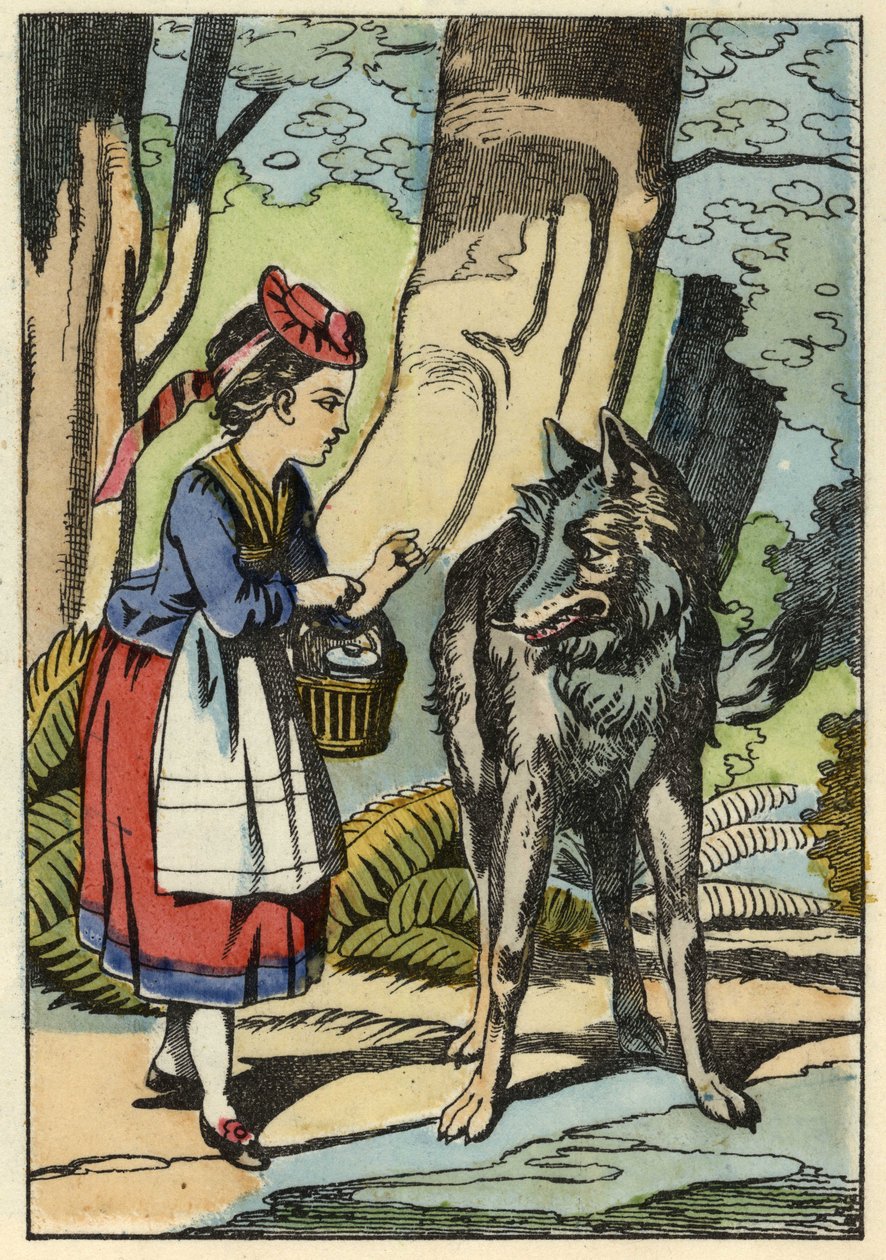 O Capuchinho Vermelho encontra o lobo na floresta. Ilustração do conto "O Capuchinho Vermelho" de Charles Perrault de Unknown artist