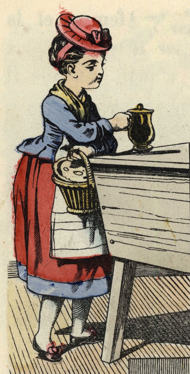 O Capuchinho Vermelho põe comida para a avó dele no huche. Ilustração do conto "O Capuchinho Vermelho", de Charles Perrault de Unknown artist