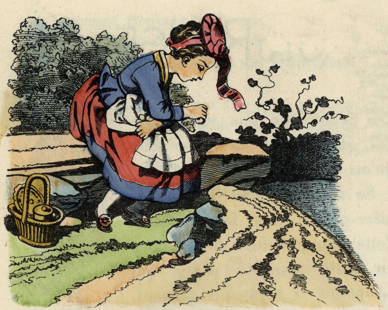O Capuchinho Vermelho descansa no caminho. Ilustração do conto "O Capuchinho Vermelho" de Charles Perrault de Unknown artist