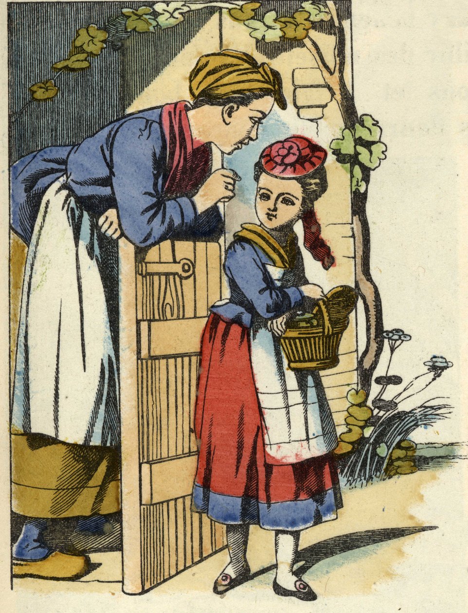 A mãe do Capuchinho Vermelho dá as suas recomendações finais para ir a casa da avó. Ilustração do conto "O Capuchinho Vermelho", de Charles Perrault de Unknown artist