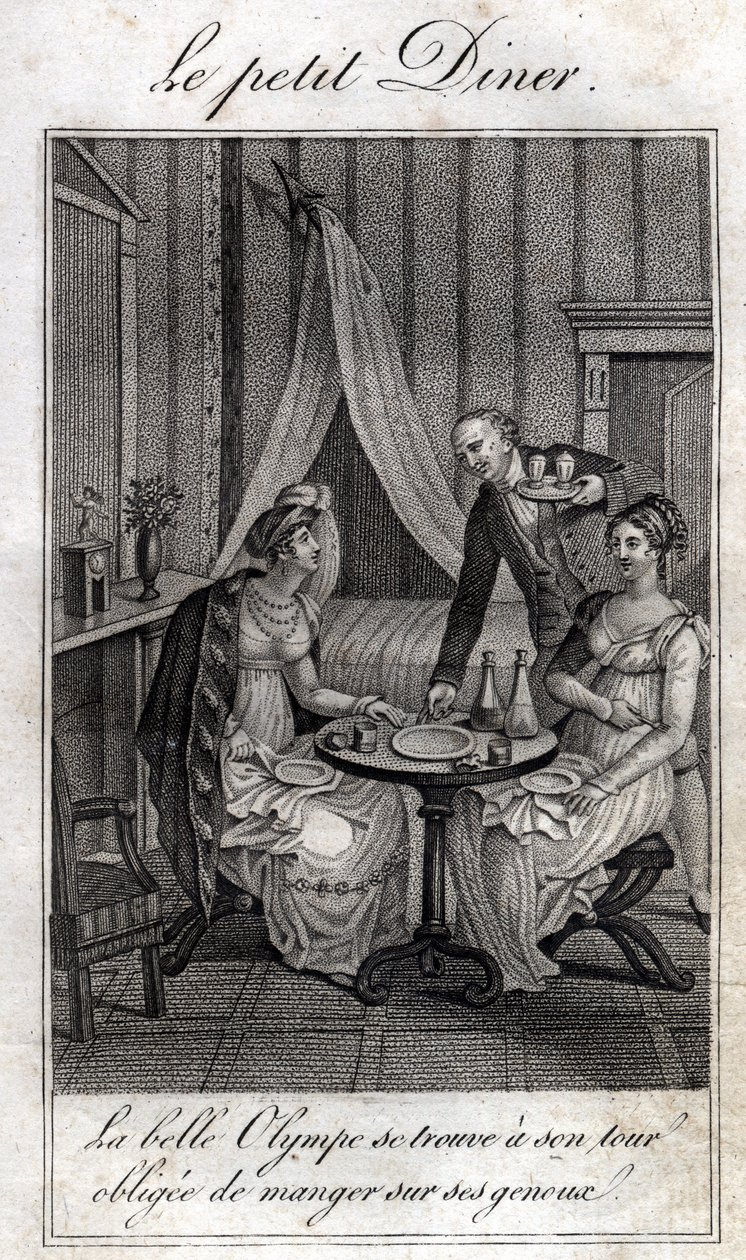 Um jantarzinho. Olympe de Gouges (1748-1793), mulher francesa de letras e revolucionária com Celine, uma de suas amigas. de Unknown artist