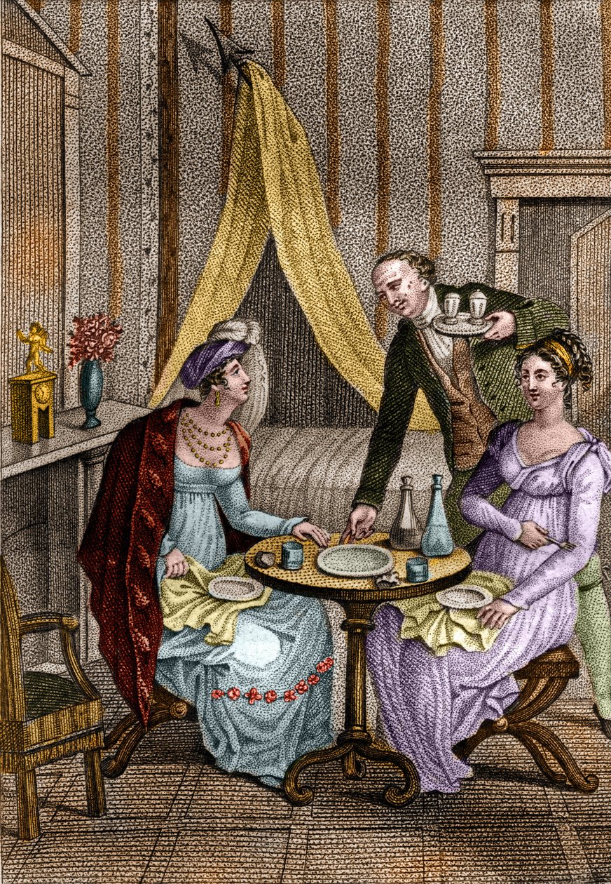 Um jantarzinho. Olympe de Gouges (1748-1793), mulher francesa de letras e revolucionária com Celine uma de suas amigas. em "Conseils a ma fille" de Jean Nicolas Bouilly (1763-1842). 1820. Coleção particular. de Unknown artist