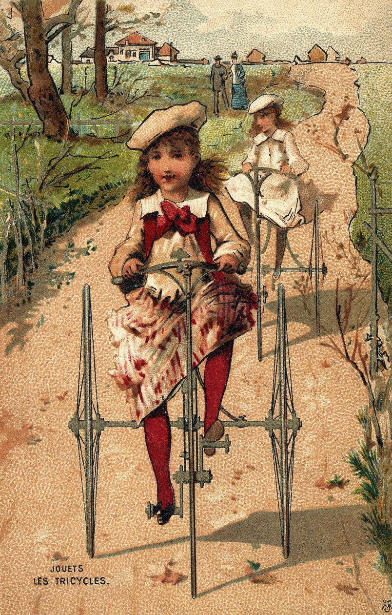 Menininhas fazendo triciclos. Cromolitografia por volta de 1890. de Unknown artist