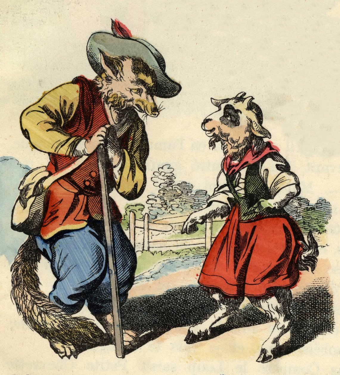 O rapazinho fala com o Mestre Fox. Ilustração do conto "Bon medor e o Pequeno Chevrette". Em "Contos da casa para os pequenos". Gravura anónima do século XIX. de Unknown artist