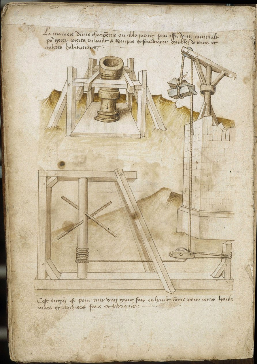 Sistema de elevação de carga para estaleiro de construção - Manuscrito: folha de pergaminho de um manual de engenharia para a construção de edifícios civis, religiosos e militares, anónimo, final do século XV (figura em tinta chinesa) de Unknown artist