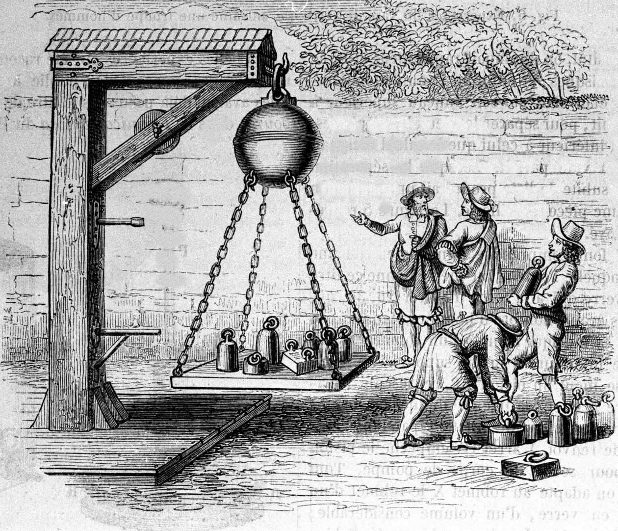 Carregando hemisférios Magdeburg suspensos para calcular a pressão atmosférica - em "Ottonis de Guericke": Experimenta Nova Magdeburgica de vacuo spatio" de Otto von Guericke (Otto de Guericke de Unknown artist