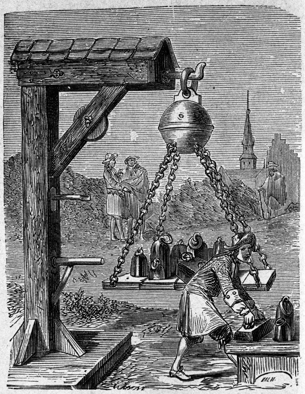 Carregamento de hemisférios Magdeburg suspensos. Gravura de "Ottonis de Guericke": Experimenta Nova Magdeburgica de vacuo spatio" de Otto von Guericke (Otto de Guericke de Unknown artist