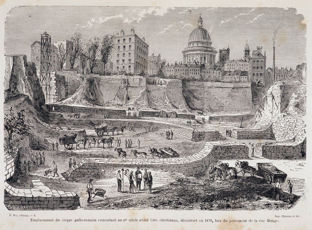 Localização do circo galo-romano do século III antes da era cristã, descoberto em 1870, durante a perfuração da Rue Monge. de Unknown artist