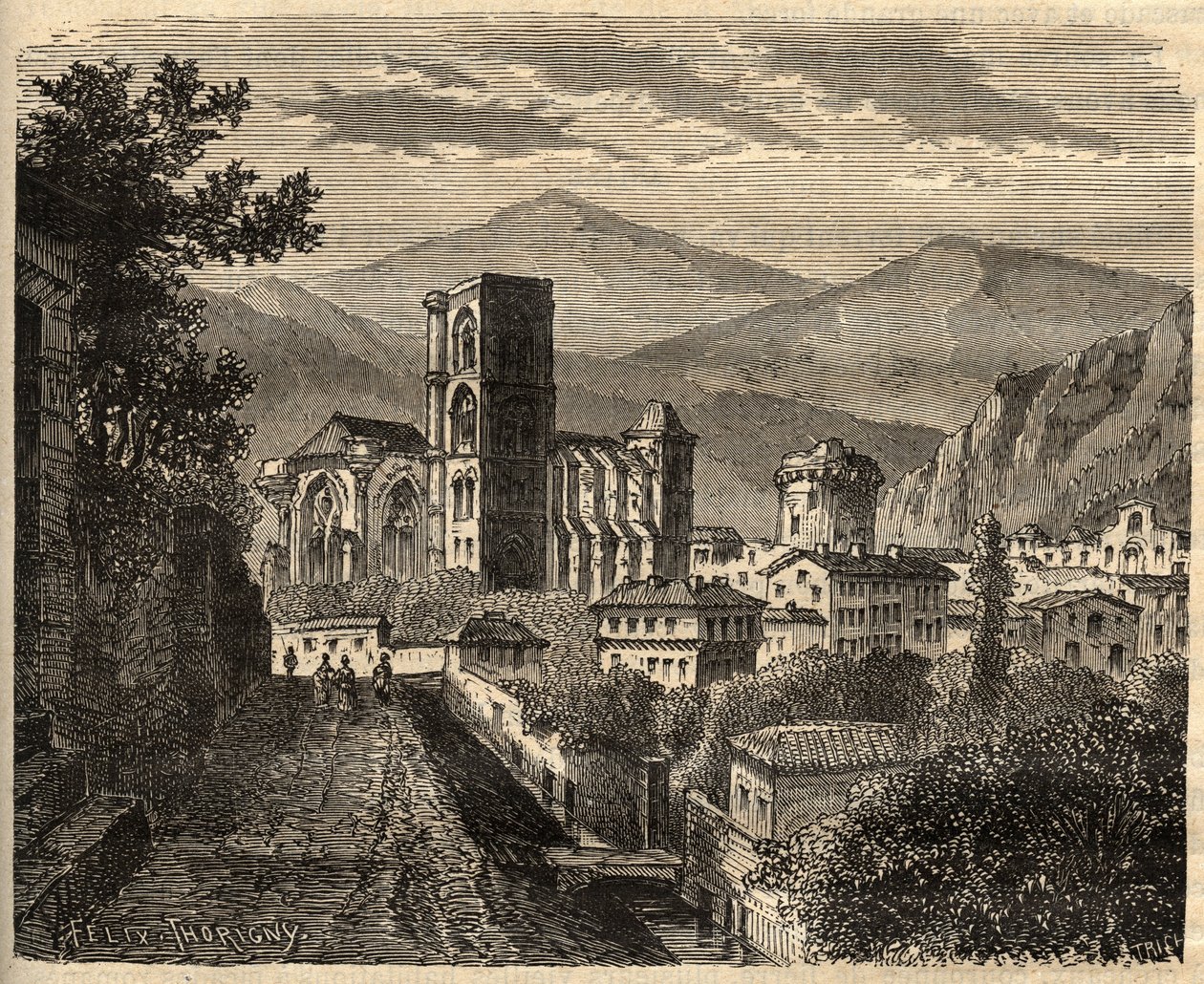 Lodeve - Herault - França - gravura em "PATRIE" - DESCRIÇÃO PECTUREQUIREQUE DE LA FRANCE EN 6 VOLUES BY LUCIEN HUARD - final do século XIX de Unknown artist