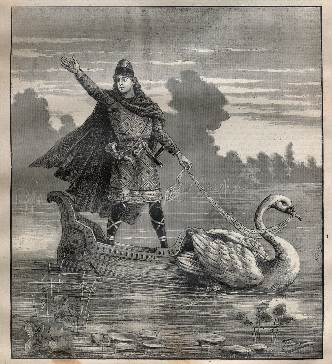 Lohengrin em uma nacele desenhada por um cisne, cena da ópera "Lohengrin" de Richard Wagner (1813-1883) - Gravura em "La Science francaise de Unknown artist