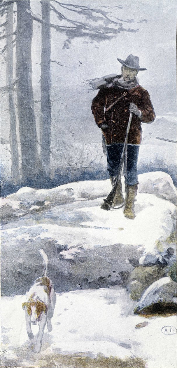 Caçador solitário com cão em uma paisagem nevada, final do século XIX de Unknown artist