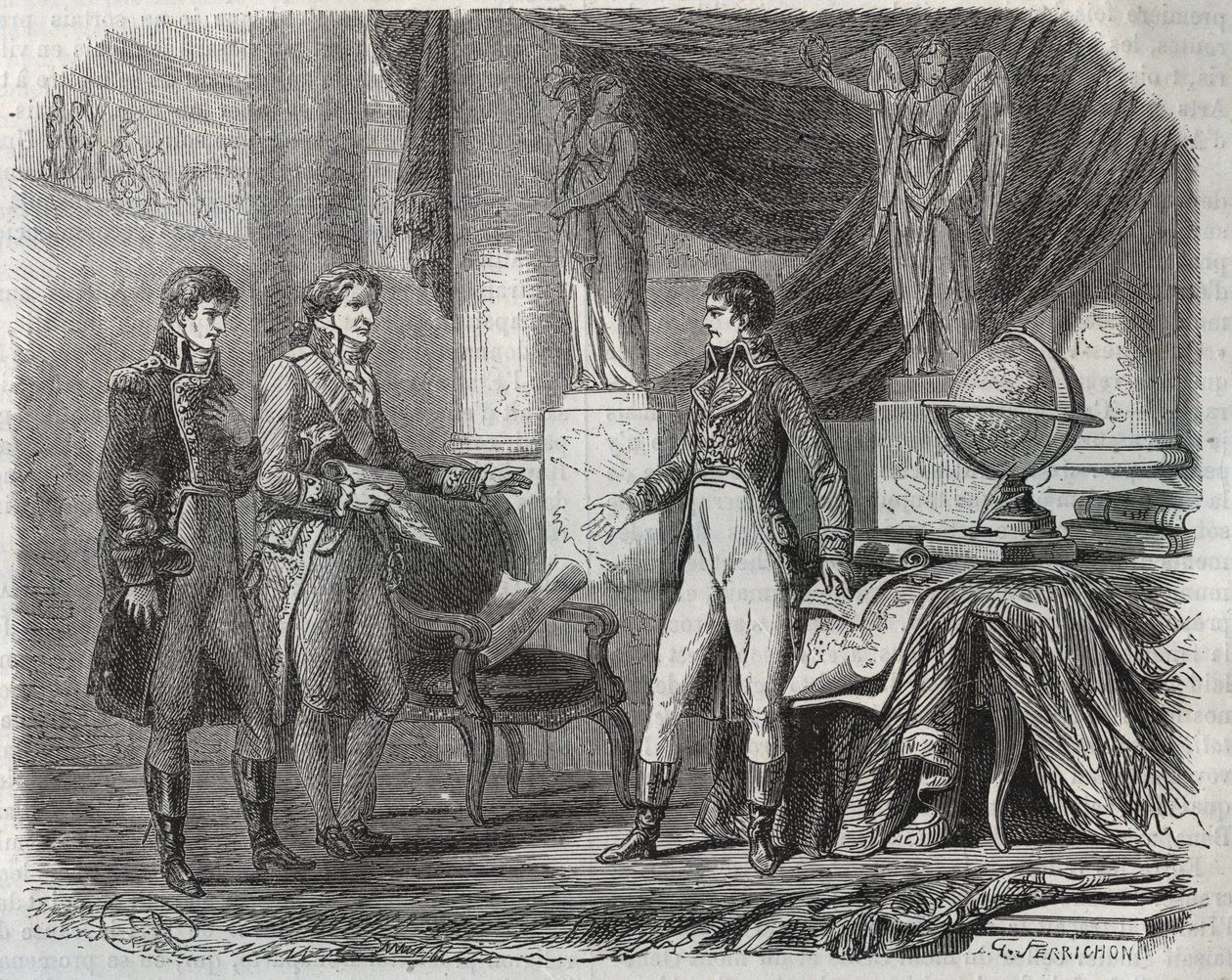 Lord Cornwallis (1738-1805) negociando o Tratado de Amiens (1802) com Napoleão Bonaparte (1769-1821) - a Paz de Amiens, França - Tratado assinado em março de 1802 que pôs fim às Guerras Revolucionárias de Unknown artist