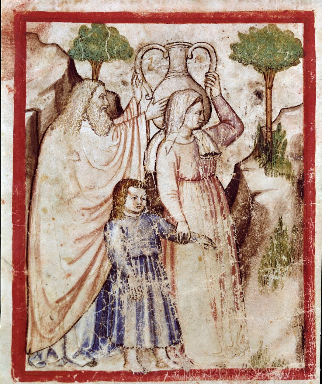 Loth vai para a montanha com as suas filhas para escapar à destruição de Sodoma. As filhas vão intoxicar seu pai Miniatura do códice 212 (ou códice padovano ou Bíblia de Pádua) 1390-1400 Rovigo, Accademia dei Concordi de Unknown artist