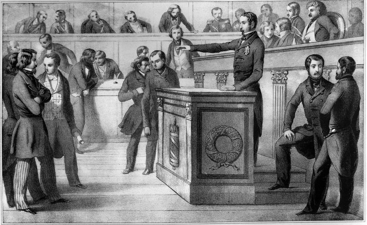 Louis-Napoleon (Napoleão III) jura fidelidade à República em 20 de dezembro de 1848 - Juramento de Louis Napoleão III (Louis-Napoleão), que foi oficialmente proclamado presidente da República, na Assembléia Nacional em 20 de dezembro de 1848. Ele promete " de Unknown artist
