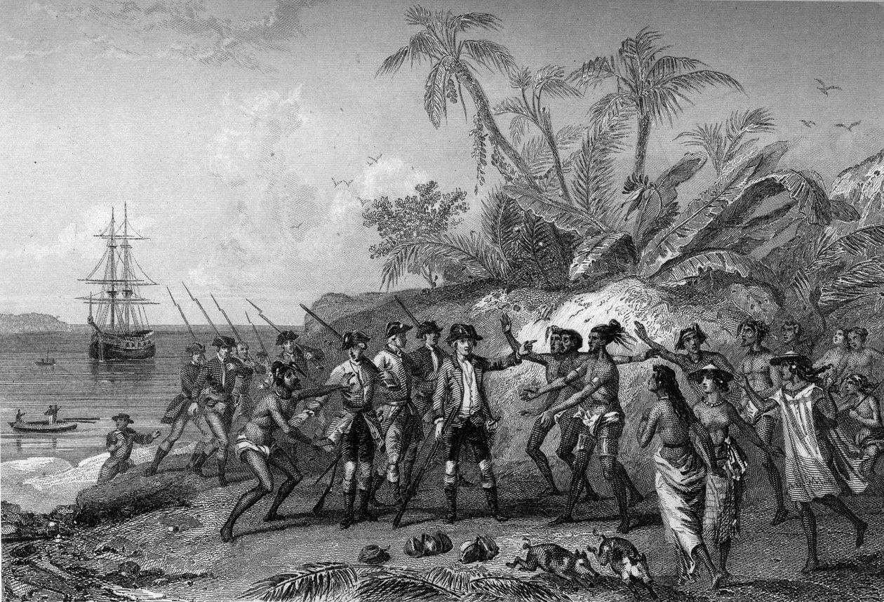 Louis Antoine Comte de Bougainville, navegador francês (1729-1811), aproximando-se das ilhas dos Marqueses no Taiti, 6 de abril de Unknown artist