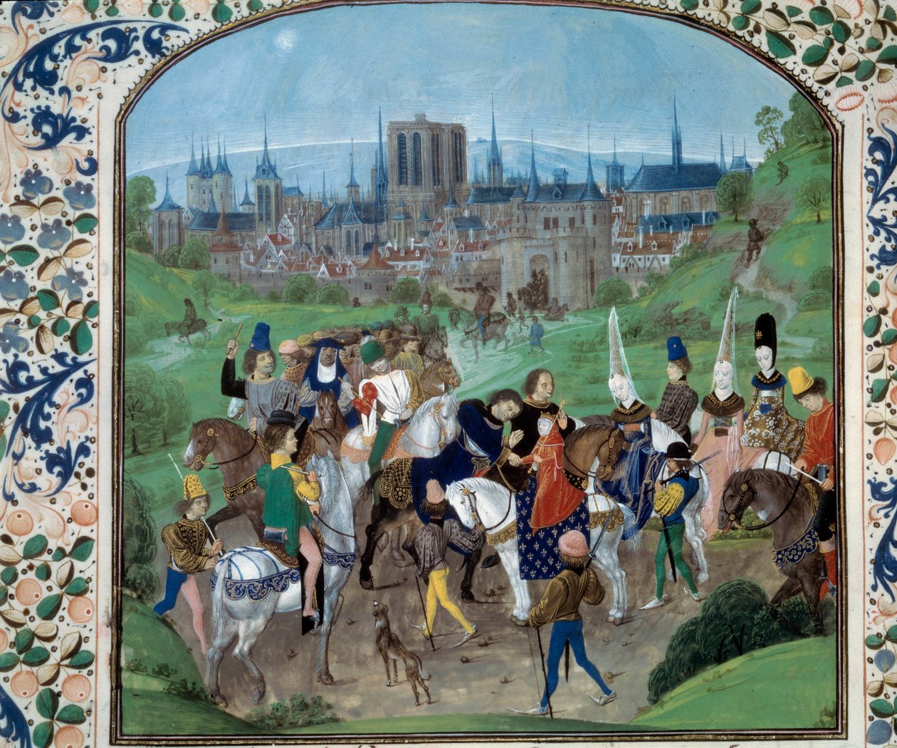 Luís II de Anjou e Yolande de Aragão saúdam aquele que se tornará seu genro, então Carlos VII. Em segundo plano; a cidade de Paris. Miniatura em "Crónicas" de Jean Froissart (Fólio 321v) de Unknown artist