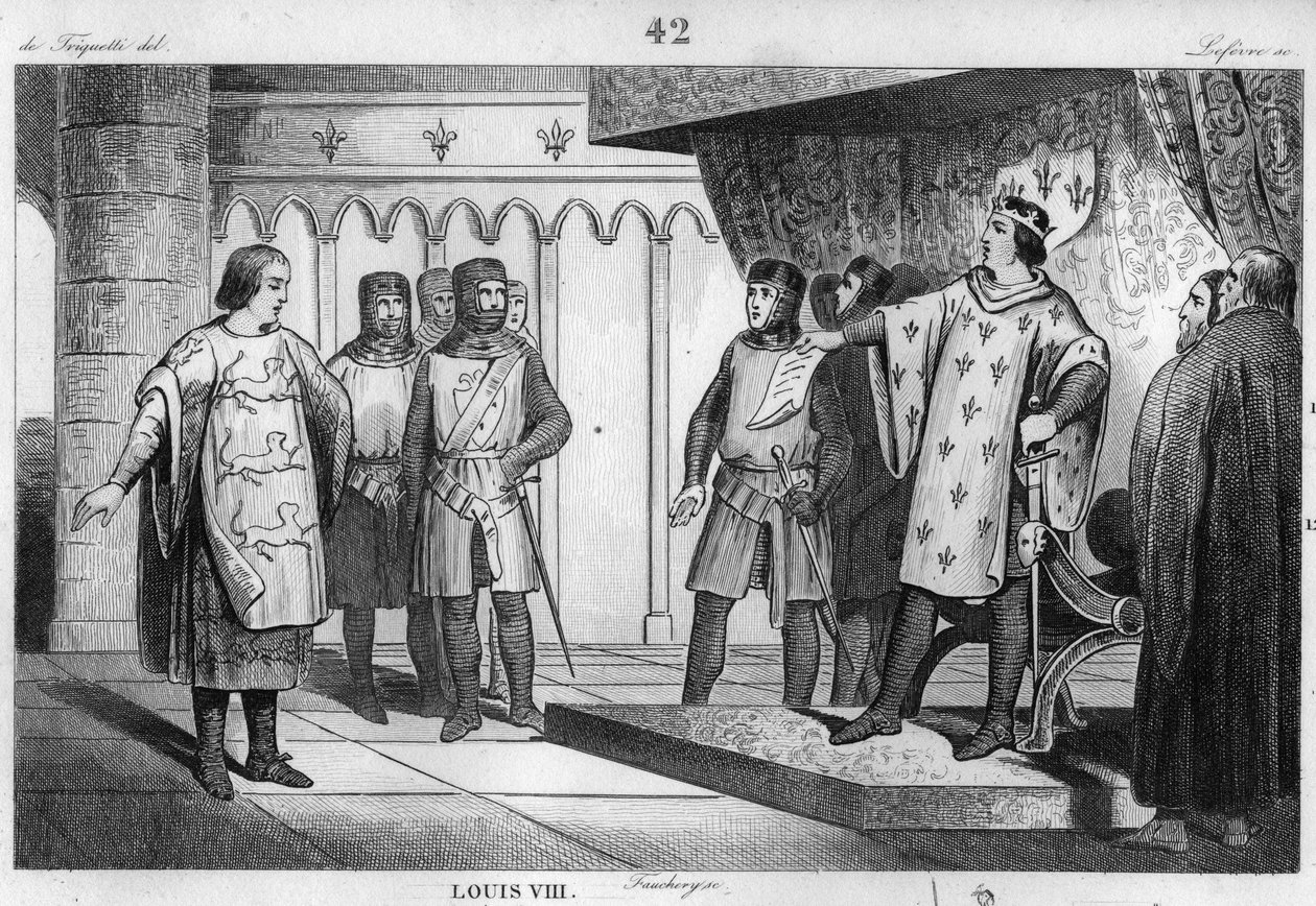 Luís VIII (1187-1226) o Leão recebe um enviado do seu inimigo Henrique III (1207-72) da Inglaterra - Luís VIII dit "Le Lion" (1187-1226), dinastia dos Capetianos, responde com orgulho e fermete a um enviado do Rei de Inglaterra Henrique III- Gravura de 1 de Unknown artist