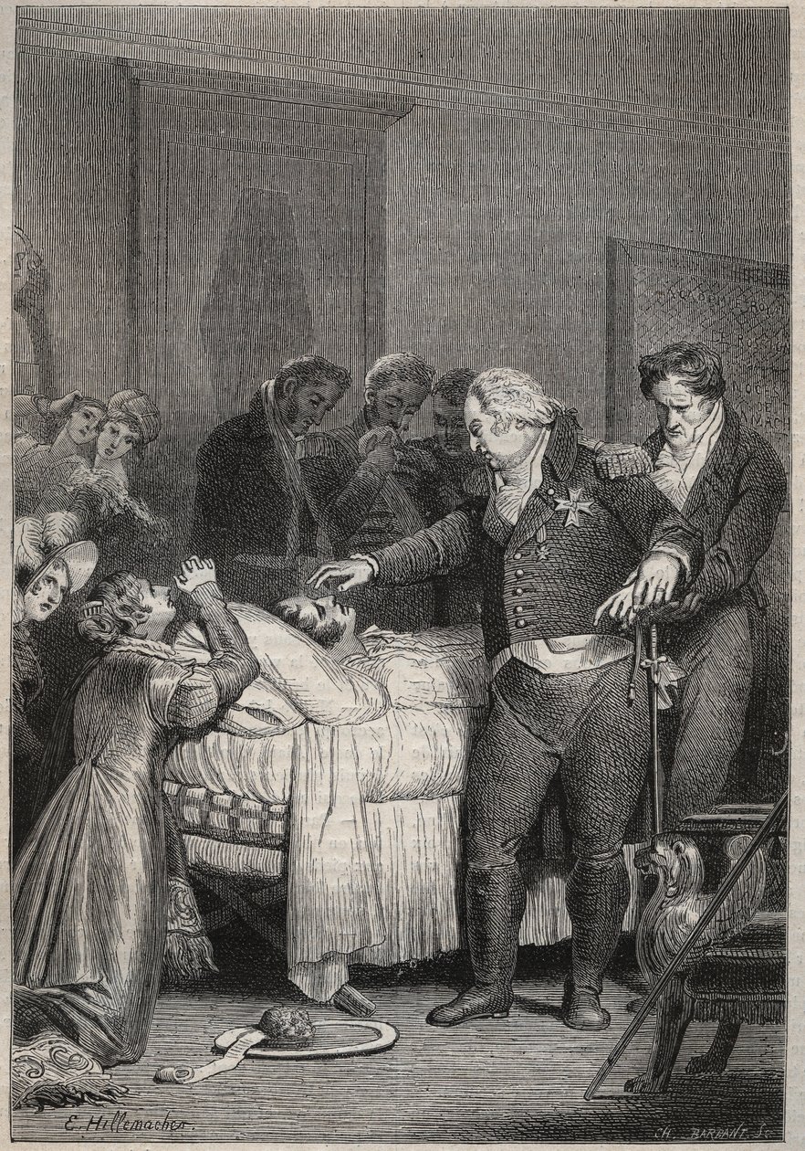 Luís XVIII no leito de morte do Duque de Berry - Os últimos momentos do Duque de Berry em 13 de Fevereiro de 1820 (1778-1820) na Ópera de Paris rodeada por Luís XVIII e a família real - gravura em "Histoire de France racontee à mes petits enfants de Unknown artist