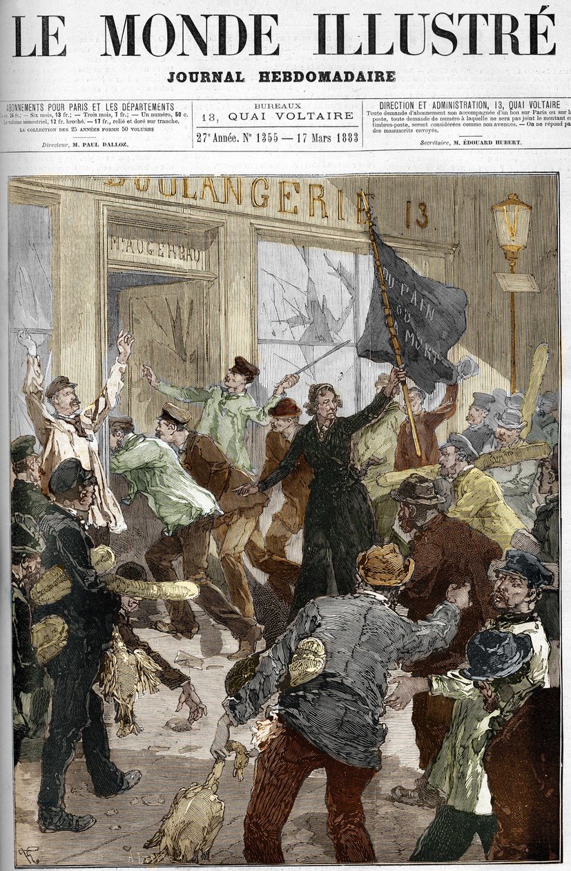 Louise Michel (1833-1905), uma revolucionária francesa, agitando uma bandeira negra inscrita "pão ou morte", durante o saque de uma padaria durante a manifestação operária de 9 de Março de 1883 em Paris. de Unknown artist