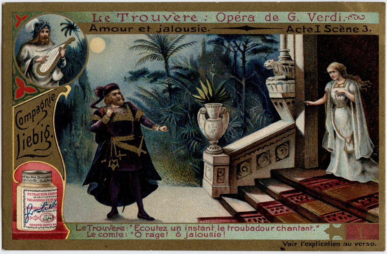 Acto de Amor e Ciúmes I Cena 3. Ilustração para a ópera "O achado" (Il trovatore) de Giuseppe Verdi (1813-1901). Cromolitografia (Chromo) Liebig do final do século XIX. de Unknown artist