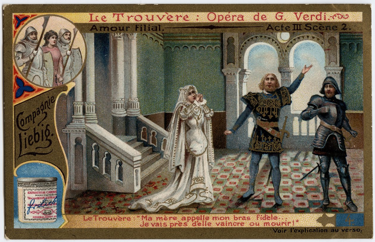 Amor filial III cena 2.Ilustração para a ópera "The found" (Il trovatore) de Giuseppe Verdi (1813-1901). Cromolitografia (Chromo) Liebig do final do século XIX. de Unknown artist